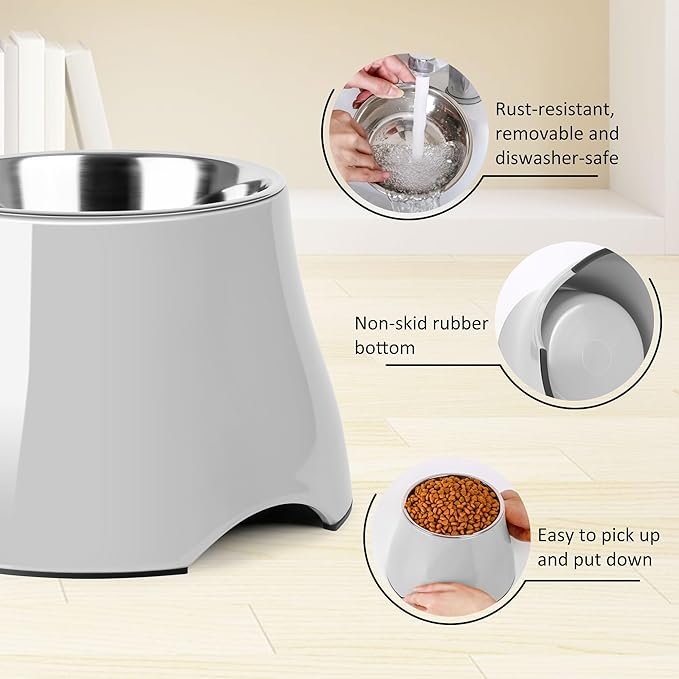Dog Bowls,Cone Friendly Non Slip Single Dog Bowl with Stainless Steel Inner, Raised Bowls for Small and Medium Dogs Spaniel Dogs Long Ear, High Capacity, L/3 Cups Gray