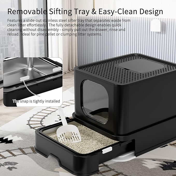 RIZZARI Enclosed Cat Litter Box: Large Stainless Steel Anti-Leak Design Controls Odor - All Black Without Deodorizer - for Cats Under 25 lbs - Ideal for Restroom Porch