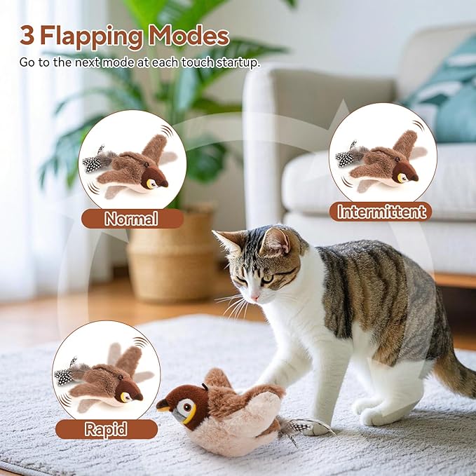 AUSCAT Flappy Bird Cat Toy, Simulated Chirping Bird Cat Toy Flapping Wings, Rechargeable，Interactive Catnip Toys for Indoor Kittens (No Flying)