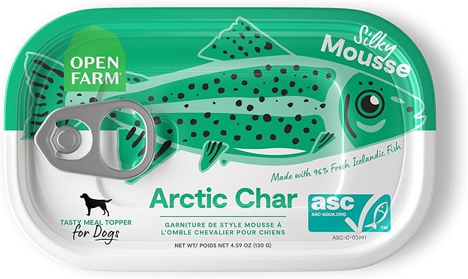 Open Farm, Canned Dog Food Topper, Silky Mousse Made with 96% Responsibly Sourced Icelandic Fish, Grain & Legume Free, Arctic Char Recipe, 4.59oz Cans (Pack of 12)