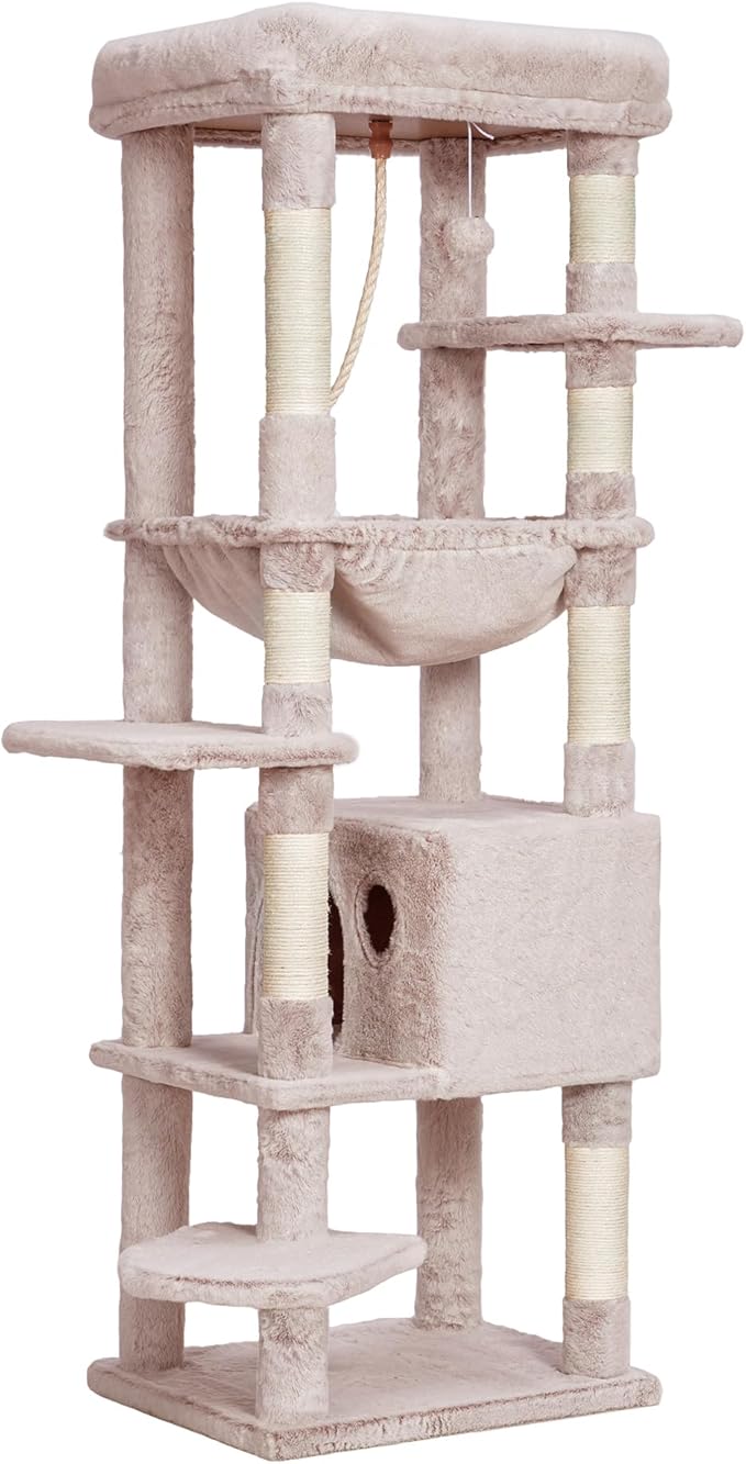 Heybly Cat Tree for Large Cats 20lbs Heavy Duty,60 inches XXL Cat Tower for Indoor Cats, Multi-Level Furniture Condo with Big Padded Plush Perch, Cozy Basket, Muchroom HCT050MU