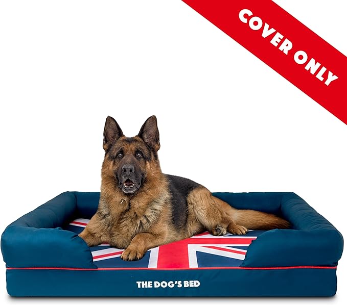 Replacement Outer Cover ONLY (Outer Cover ONLY - NO Bed, NO Waterproof Inner) for The Dog's Bed, Washable Oxford Fabric, Extra Large (Blue with Red Piping UK Flag Embroidery & Centre Flag)