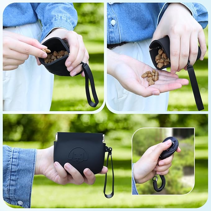 WALLFID Silicone Dog Treat Pouch Small Bag,Auto Closure,with Pet Training Clicker,Walking Bag for Dog and Cat,Pocket Size,Easy to Clean,Odorless (Dark Gray and Black)