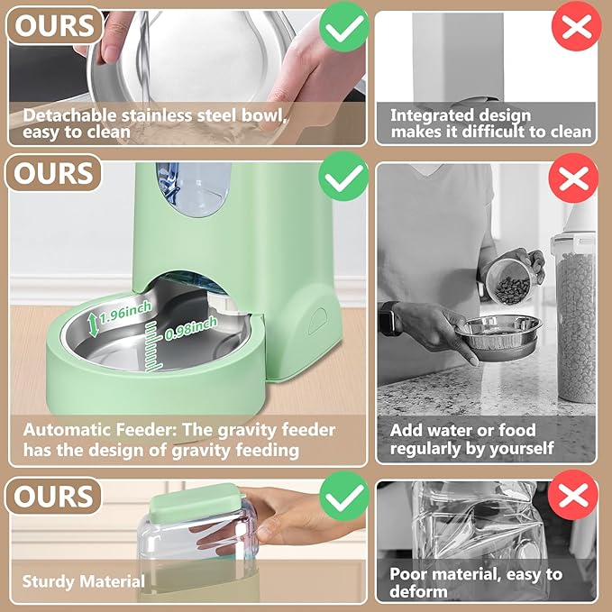 Automatic Cat Feeder and Water Dispenser with Stainless Steel Bowl Dog Gravity Food Feeder and Waterer for Small Medium Pets Puppy Kitten 1 Gallon x 2