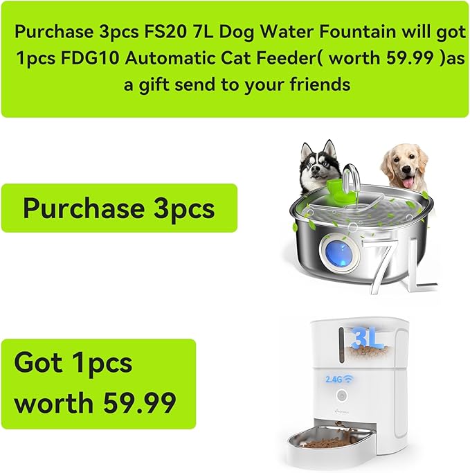 Dog Water Fountain Stainless Steel, 236 Oz/7L Automatic Dog Water Bowl Dispenser, Quiet Cat and Pet Water Dispenser Fountain with 2 Filters for Large Dogs, Cats, Multi-Pets - FS20