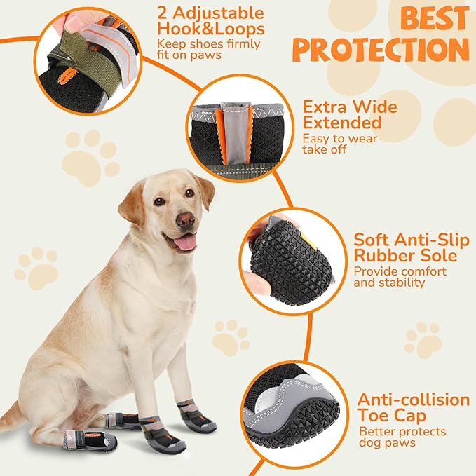 Dog Boots for Large Dogs, Medium Dog Shoes for Hot Pavement, Waterproof Dog Booties with Reflective Strap, Non- Slip, Dog Shoes for Snowy Hardwood Floor Hiking Outdoor Walking Size 7