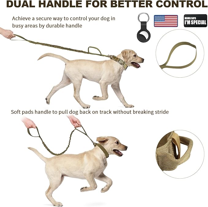 Tactical Dog Collar and Bungee Leash Set, Adjustable Military Training Nylon Dog Collar with Controll Handle and Heavy Metal Buckle，with USA American Flag, Patches and Airtags Case (M, Brown)
