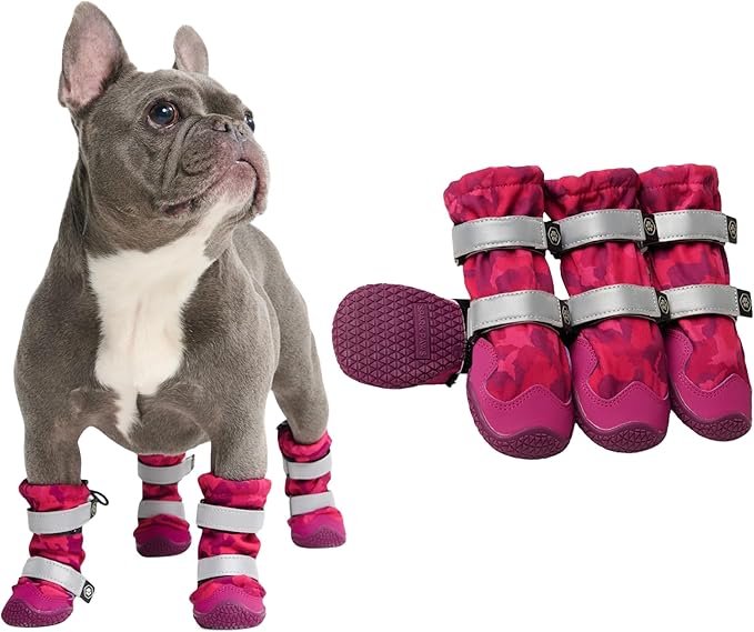 Spark Paws Dog Shoes, Waterproof Dog Boots for Medium to Large Dogs, Non Slip, Breathable Dog Booties and Paw Protectors - 4PCS Doggie Hiking Boots with Reflective Straps, Pink Camo, Size 4