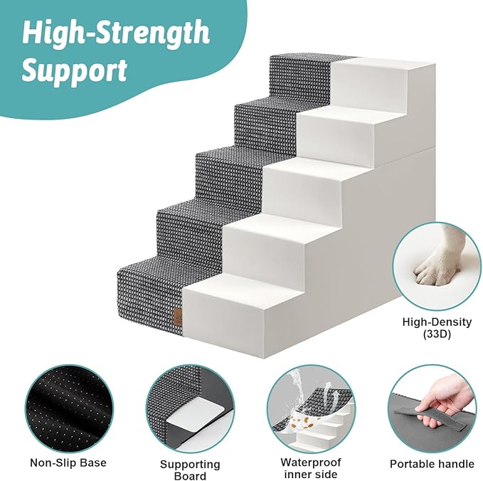 Dog Stairs for Small Dogs, 5 Tier Removable Wider Pet Stairs for Couch and Bed, 23.6" H Non-Slip Dog Steps for Puppies and Old Cats with Support Board, 19.7x29.5x23.6 inch, Dark Grey
