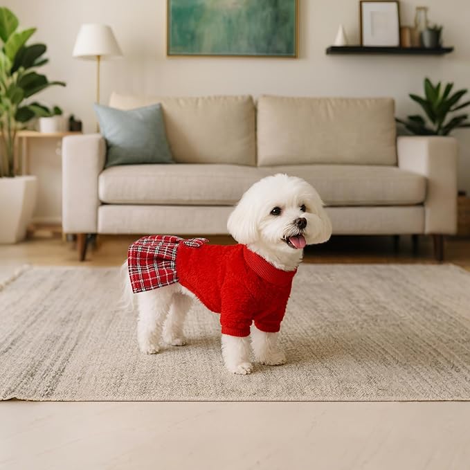 YUDODO Fleece Small Dog Sweater Dress with Bowtie, Female Fall Winter Warm Dog Clothes, Princess Sweater Dress for Small Dogs Girl (Red, Large)