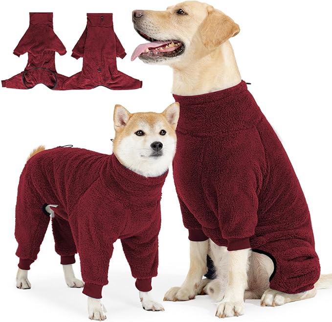 Dog Winter Coat, Warm Fleece Dog Jacket, Windproof Pullover Jumpsuit, Full Body Pet Pajamas Onesie, Cold Weather Clothes for Medium Large Dog(Small,Red)