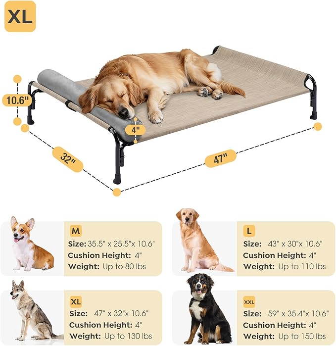 Veehoo Large Elevated Dog Bed, Outdoor Raised Dog Cot Hammock Bed with One-Sided Removable Headrest Bolster, Cooling Breathable Washable Teslin Mesh, Off Ground, Anti-Slip, XL, CWC2204BCP