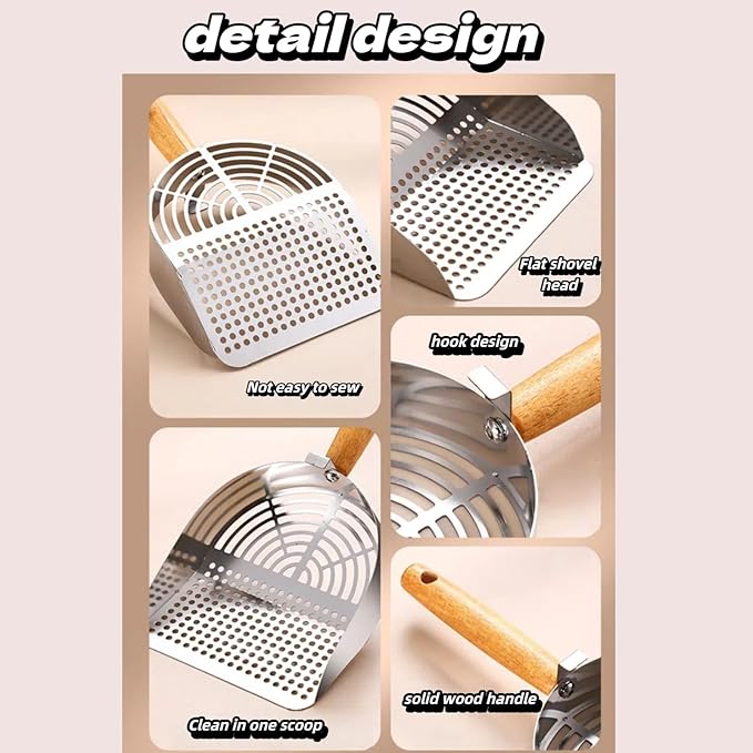 Heavy Duty Aluminum Alloy Cat Litter Scoop with Stand | Beech Wood Grip + Long Handle for Comfort | Deep Sifter for Fast, Efficient Poop/Litter Cleaning | Durable for Litter Box (Long Strip)