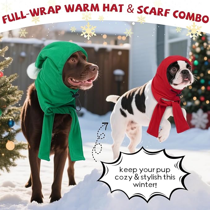 DENTRUN Dog Winter Hat - Cozy Fleece Hood & Scarf for Large Dogs, Noise-Reducing Ear Cover, Christmas Costume, Red (L:12-18" Head Girth)