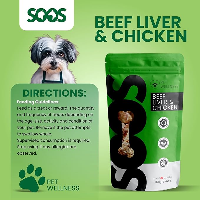 SOOS Natural Beef Liver & Chicken Treats for Dogs & Cats - High Protein, Grain Free, Vitamin Minerals, Healthy Training Treats - 113g