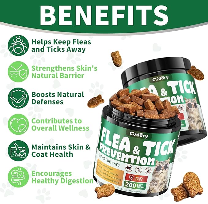 Flea and Tick Chews for Cats - 200 Soft Chews Natural Flea Tick Support for Cat All Breeds & Ages - Nourishes Skin & Coat Health - Energy Support - Chicken Flavor Soft Chew