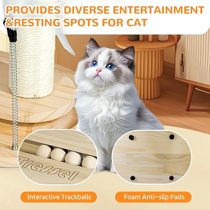 Small Cat Tree Tower, Cat Scratching Post 6-in-1 Cat Tree with Self Groomer Brush, Natural Sisal Scratcher Cute Kitten Scratching Post with Bed, Hanging & Track Toy for Indoor, Beige