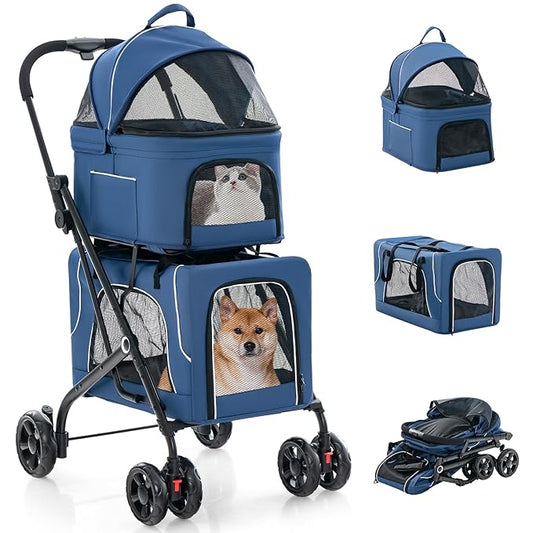 Giantex Double Dog Stroller for 2 Dogs, Detachable Carriers, Safety Belt, 4 Lockable Wheels, Pet Travel Carrier Strolling Cart, Folding Cat Stroller for Small Medium Pets Dogs (Blue)
