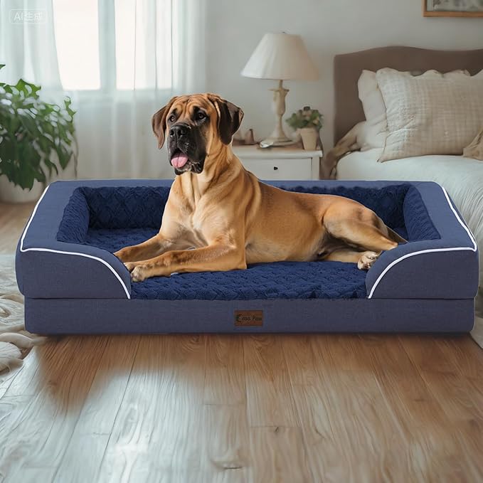 Orthopedic XL Dog Beds, Waterproof Memory Foam Big Pet Bed for Extra Large Sized Dogs 45x35Inch, Non-Slip Bottom and Egg-Crate Foam Dog Couch Bed with Washable Removable Cover, Navy Blue