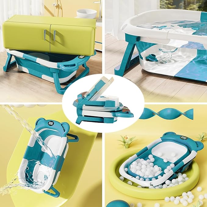 Collapsible Dog Bathtub with Thermometer, Suitable for Dogs and Cats - Portable and Foldable Dog Bathtub with Drain Plug - Space-Saving Dog Bathing Basin and Multi-Purpose Laundry/Storage Basket