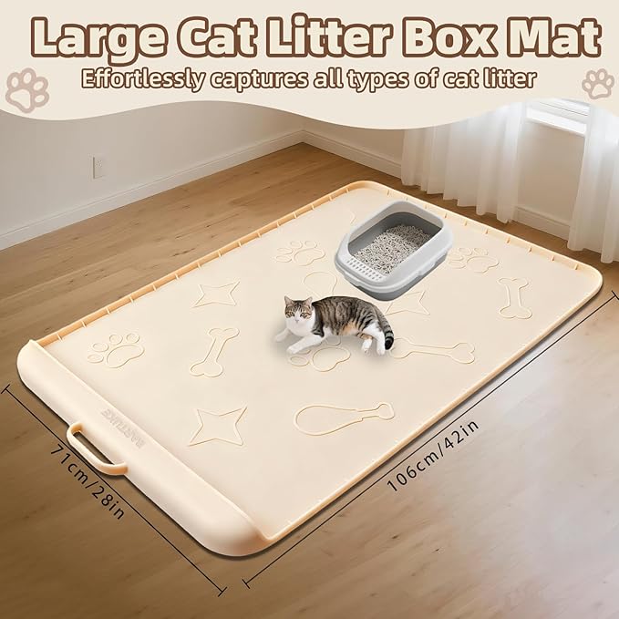 Silicone Cat Litter Mat with Collection Pocket, 42" x 28" Large Cat Litter Box Mat Waterproof Anti-Slip Litter Trapping Mat with Edge and Handle Pet Placemat for Floors (Beige)