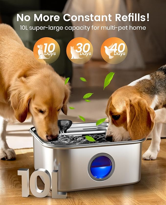 oneisall Dog Water Fountain, 2.6Gal/10L Stainless Steel Dog Water Bowl Dispenser with Deeper Drinking Aera & Washable Filter, Ultra-Quiet Pet Water Fountain for Small Medium Large Dogs(with 6 Fllters)
