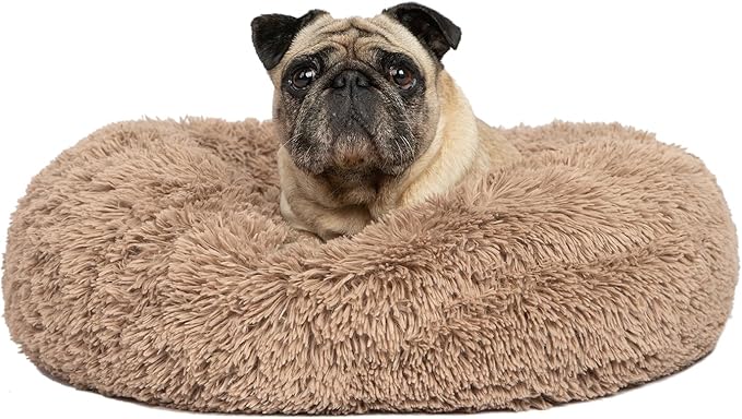 Best Pet Supplies Round Donut Dog Bed with Plush Faux Fur Fabric, Calming, Anti-Anxiety Cushion for Indoor Pets, Slip-Resistant Base, Soft Ergonomic Support - Caramel, 20x20x6''