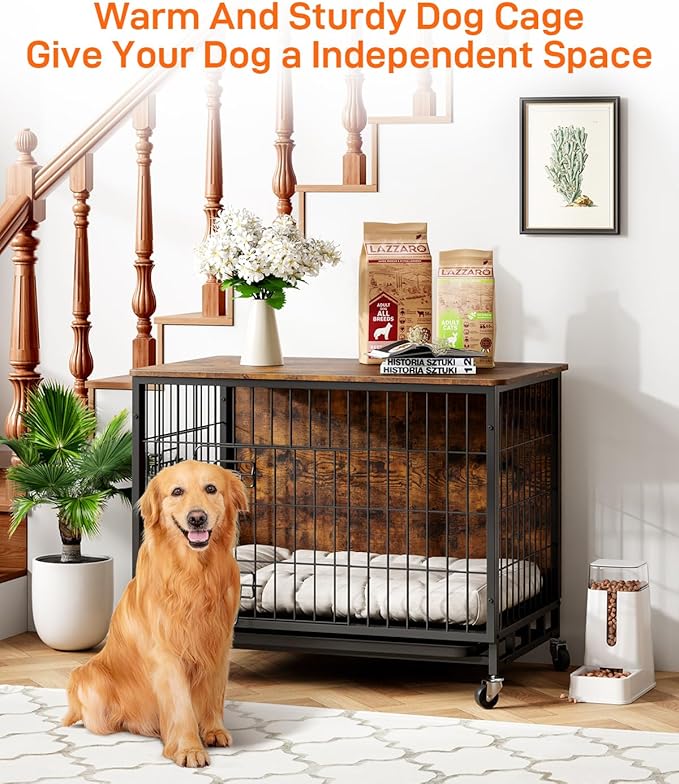 Dog Crate Furniture, 32.5" Wooden Dog Crate Furniture Side End Table, Indoor Kennel with Double Doors, Crates for Medium Dogs, Rustic Brown