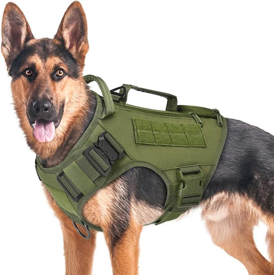 Tactical Dog Backpack Harness for Large Breed Original Design Metal Buckle Vest with Side Bags Pouches for Service Working Training (Green(Vest only), M)