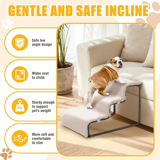Dog Stairs with Beside Pet Bed Set for Window Bed Sofa Sturdy Metal Frame with Soft Cushion 3 Stairs Dog Steps and Window Perch for Small Pets (with Pet Bed)