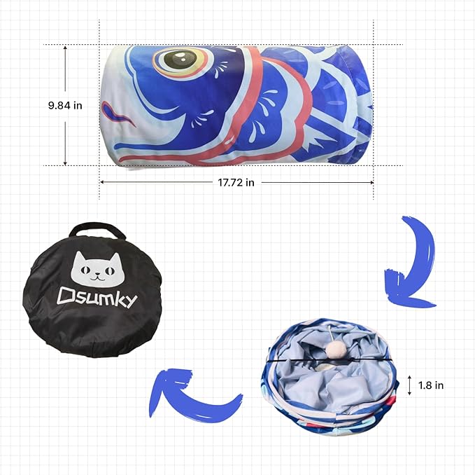 Cat Tunnel for Indoor Cats Interactive, Collapsible Tube for Cats Kittens Rabbits Puppies Crinkle Pop Up,10'' Dia, 18''L,Blue