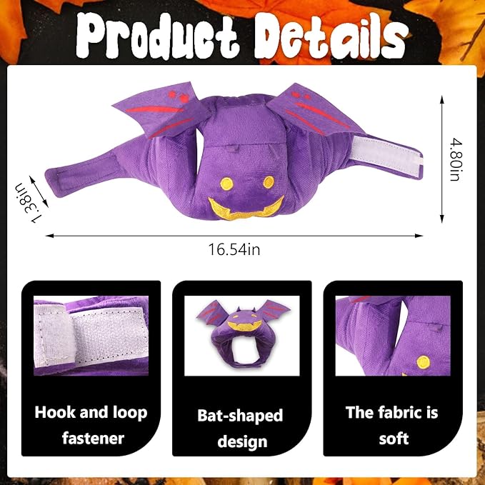 ABTOLS Halloween Dog Cat Bat Shape Hat, Adjustable Soft Small Pet Purple Bat Cap Headwear for Puppy Dogs Kittens Halloween Festival Cosplay Costume Accessory Headgear