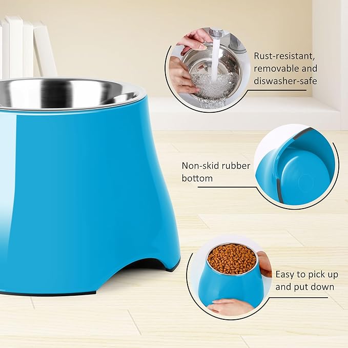 Dog Bowls,Cone Friendly Non Slip Single Dog Bowl with Stainless Steel Inner, Raised Bowls for Small Dogs Spaniel Dogs Long Ear, High Capacity, M/2 Cup Blue