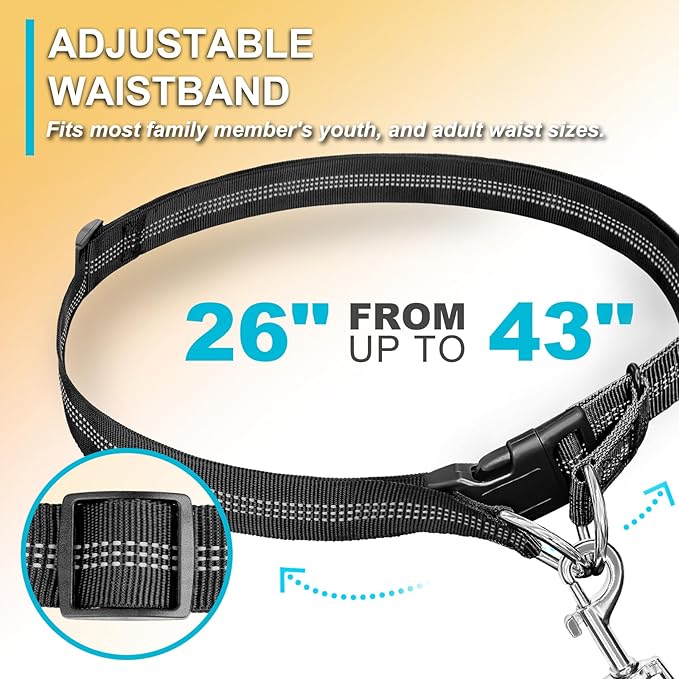 Hands Free Dog Leash, Adjustable Waist Leash for Dog, Handle Bungee 4.2-6.7 Feet Long with Reflective Stitches for Walking Hiking Running, Fits 26"- 43" Waist, Black & Blue