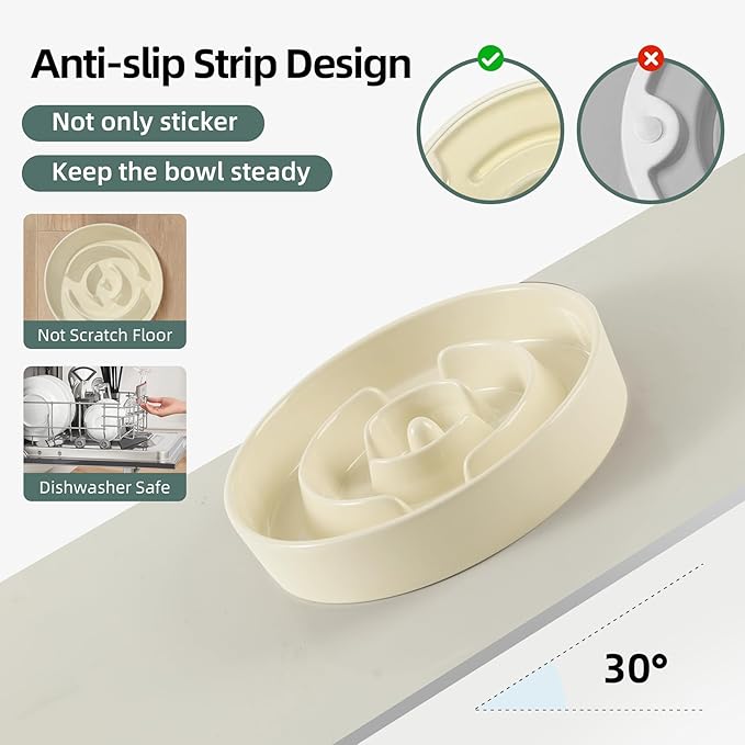 Ceramic Raised Slow Feeder Dog Bowl Set, Elevated 6.1inch Bowl and 7.3inch Puzzle Slow Food Dish with Wooden Stand for Small and Medium Dog, Anti-Gulping (2X Beige+ Stand)