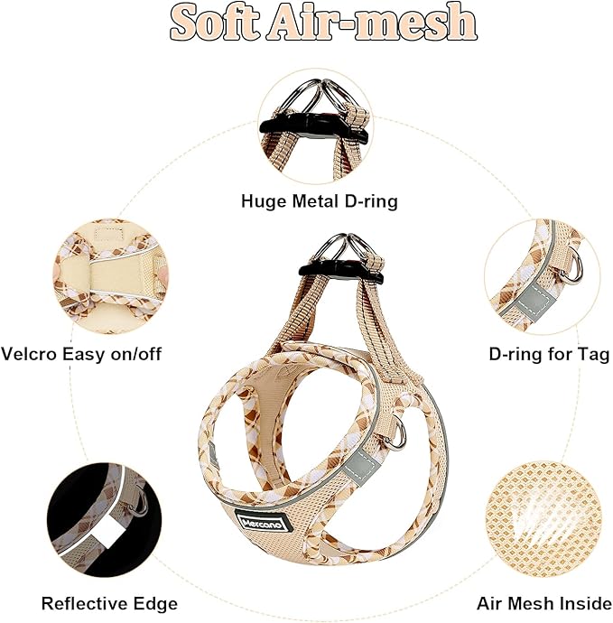 Mercano Soft Mesh Dog Harness and Leash Set, No-Chock Step-in Reflective Breathable Lightweight Easy Walk Vest Harnesses with Safety Buckle for Small Dogs, Cats (Beige, XL)