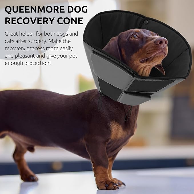 Queenmore Dog Cones for Medium Dogs, Soft Dog Cone Collar After Surgery, Pet Cone for Dogs Wound Care, Spay, Neuter, Breathable Pet Surgery Collars & Cones, Grey M