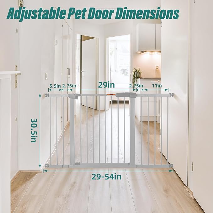 29-54" Dog Gates for Doorways No Drilling, Pet Gate Indoor, 30" Tall Metal Walk-Thru Gate, Easy One-Hand Open, Extensions & Wall Mounts Included (White, 54" W x 30.5“H)