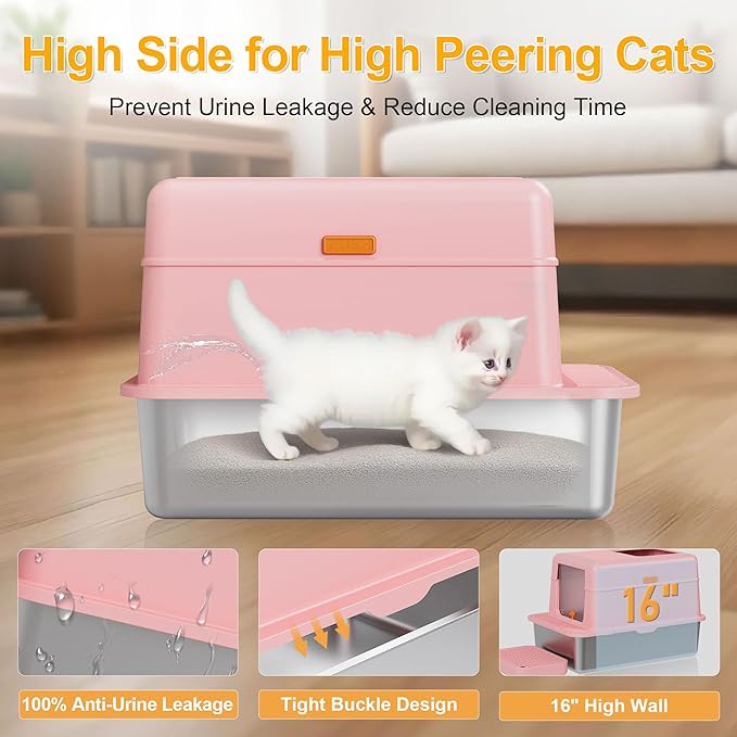Stainless Steel Litter Box with Lid, 20L Metal Enclosed Litter Box for Big Cat, Flip-Top Design with Anti-Leakage High Sides, Large Cat Lovers Gifts, Pink