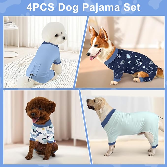 Bienbee Dog Pajamas, 4 Pack Cute Soft Dog Puppy Clothes Dogs Pjs Onesies Jammies Outfit Adjustable Breathable & Stretchy Clothes for Small Medium Large Dogs Girl Boy Puppy-2XL