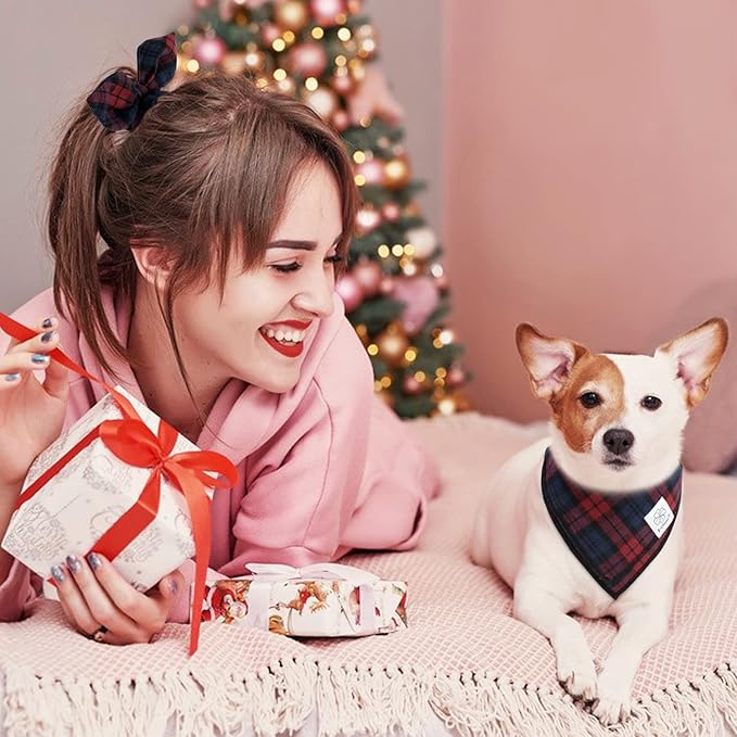 E-Clover Christmas Dog Bandanas & Matching Scrunchie Set Plaid Dog Scarf Bibs Pet Handkerchief for Small Dogs Puppy Owner Gifts Red Blue