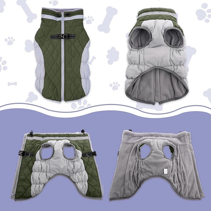 Lelepet Dog Coat Warm Dog Winter Coat Waterproof Dogs Jacket with Harness Built in Reflective Pet Fleece Vest Zip-Up Cold Weather Coats for Medium Dogs Turtleneck & Windproof Dachshund Army Green M