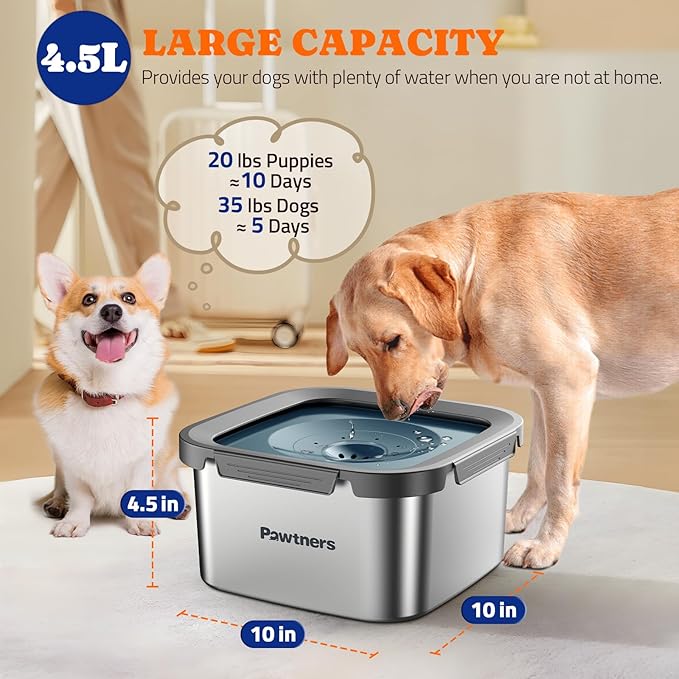 Dog Water Bowl No Spill, 4.5L Stainless Steel Dog Floating Bowl, Slow Water Bowl for Dog with Filter, Non-Slip Base, No Splash Water Bowl for Medium Large Messy Drinkers Blue