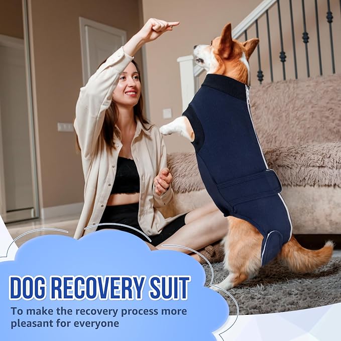 Lukovee Recovery Suit for Dogs, Zipper-On Onesie for Female Male Dog, Abdominal Wounds Cone E-Collar Alternative, Prevent Licking Spay (M, Dark Blue)