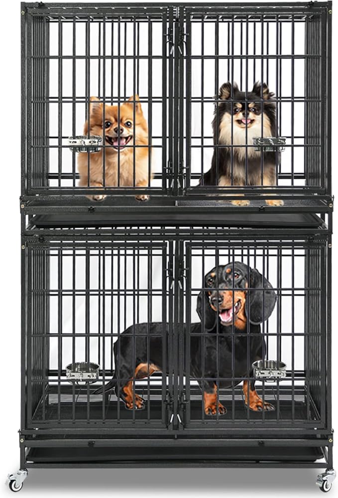 Homey Pet 43 Inch Two Tiers Dog Crate Cage Kennel with Divider, Stackable Heavy Duty Dog Crate for Large Dogs, Escape Proof Indestructible Dog Kennel Indoor with Removable Tray, Lockable Wheels
