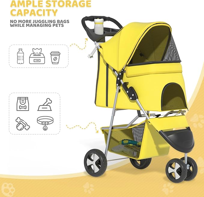 Magshion 3-Wheel Pet Stroller, Foldable Travel Jogger for Small & Medium Dogs & Cats (Up to 33lbs), Lightweight Carrier with Breathable Mesh Cover, Cup Holder & Storage Basket, Yellow