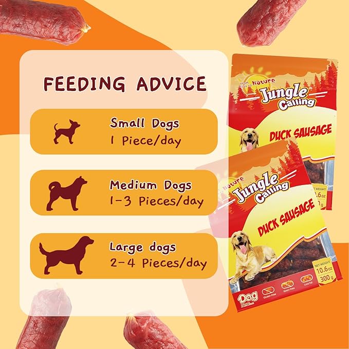 Jungle Calling Grain-Free Duck Sausage Dog Treats, Single Ingredient Duck Jerky, Soft & Chewy Training Treats for Small & Medium Dogs, 10.6 oz