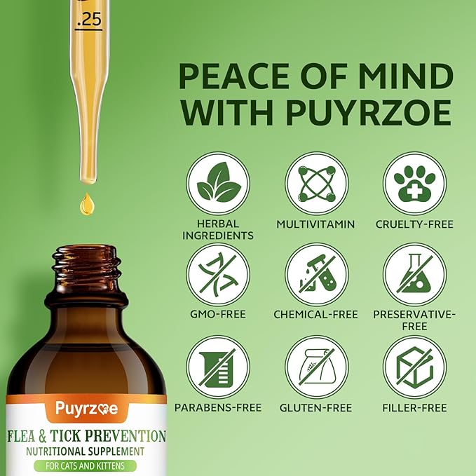 Natural Flea and Tick Prevention for Cats, 60 ML Herbal Formula with Multivitamins, Pumpkin Seed, Flea Treatment for Cats Kittens Supplement Drops - Immune, Skin & Coat Support