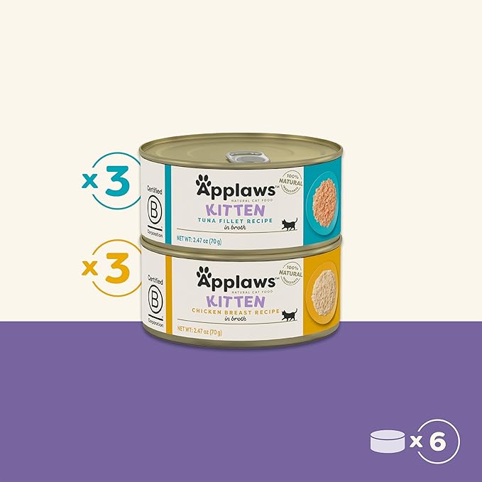 Applaws Natural Wet Kitten Food, Limited and Natural Ingredients, High Protein with No Artificial Additives, Kitten Variety Selection in Broth (6 x 2.47oz Cans)