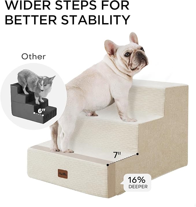 Made4Pets Dog Stairs for Small Dogs, Extra Wide Dog Steps for Bed Couch Sofa and Chair, 35D Foam Pet Steps for Small Dogs and Cats(Up to 40lbs), Non-Slip Bottom Pet Stairs, Beige, 3 Steps